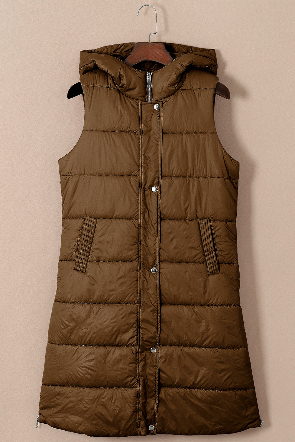 Green Hooded Long Quilted Vest Coat