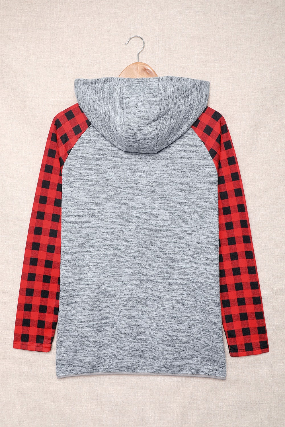 Red Plaid Splicing Kangaroo Pocket Buttoned Hoodie