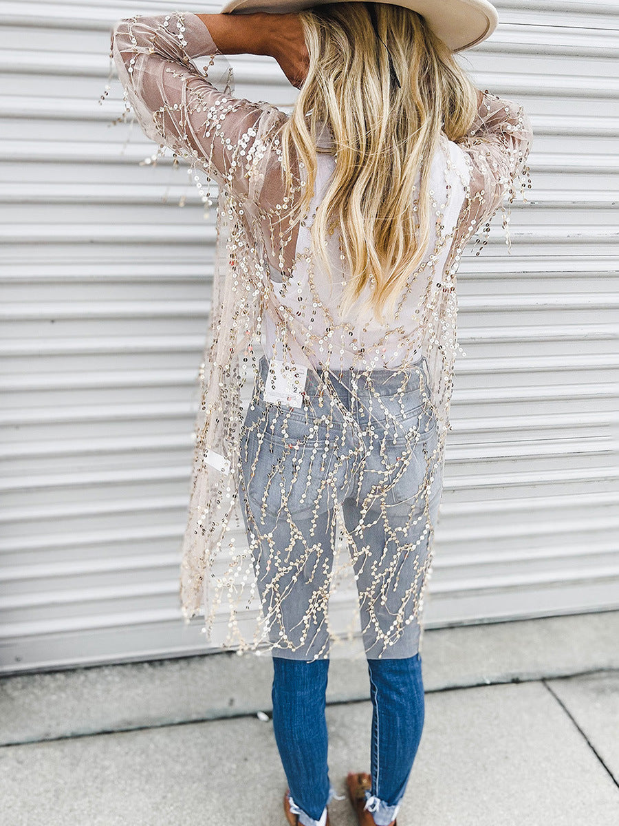 Sequined Sheer Long-sleeved Cardigan