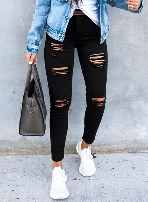 Black High Rise Stretch Ripped Jeans