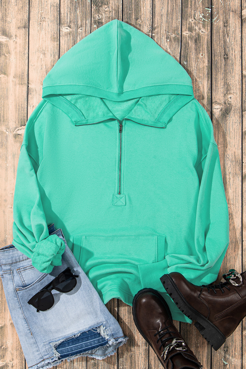 Smoke Green Solid Kangaroo Pocket Half Zipper Oversized Hoodie