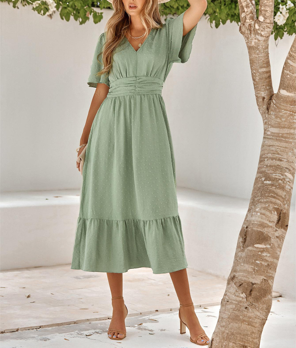 V Neck Ruffle Sleeve Dress