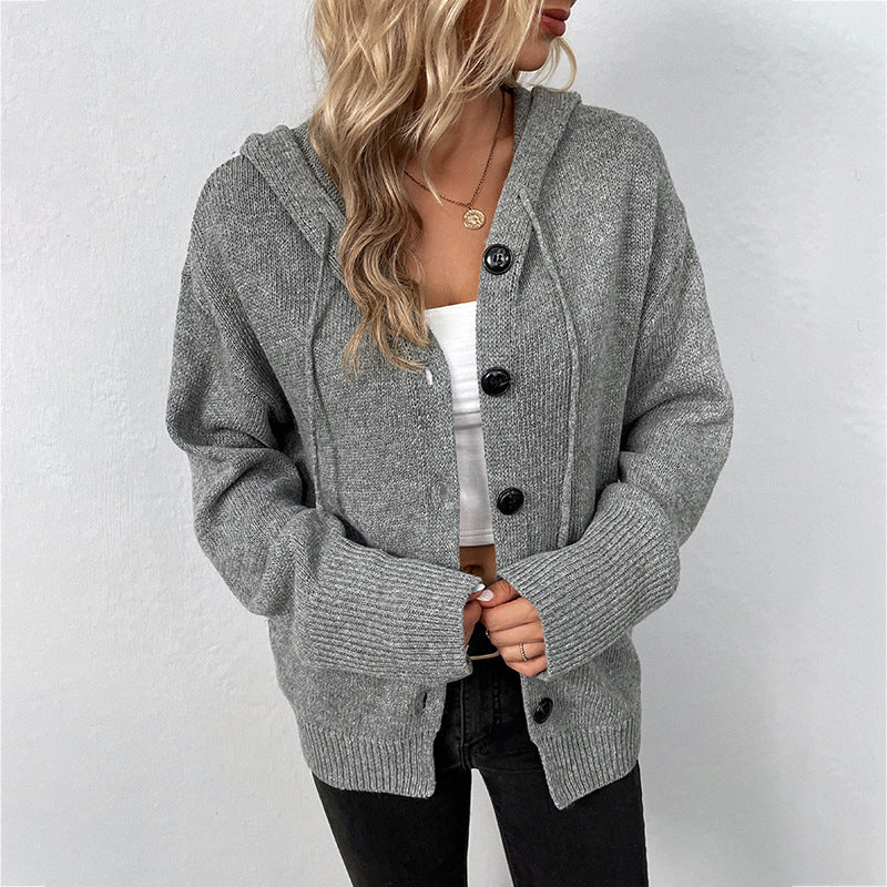 Hooded Drawstring Knit Cardigan