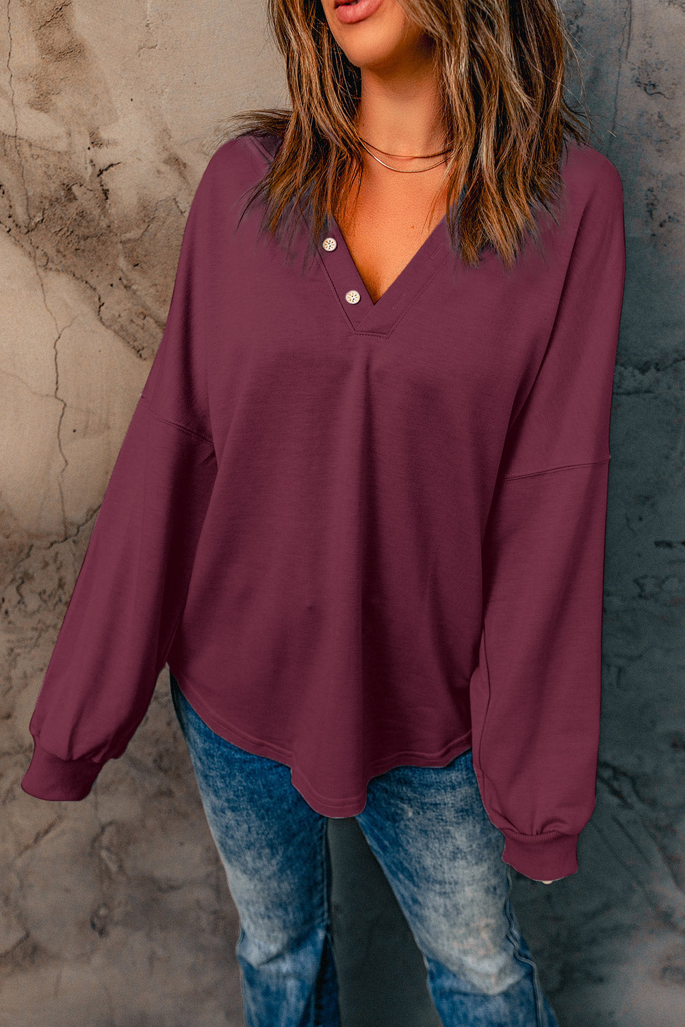 Gray Buttoned V Neck Cotton Loose Fit Top