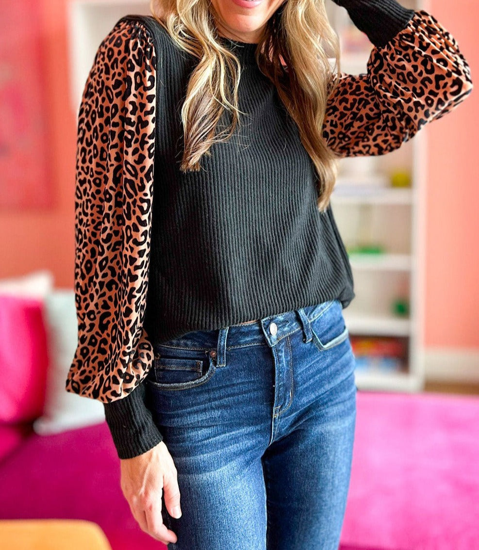 Leopard Print Ribbed Knit Blouse