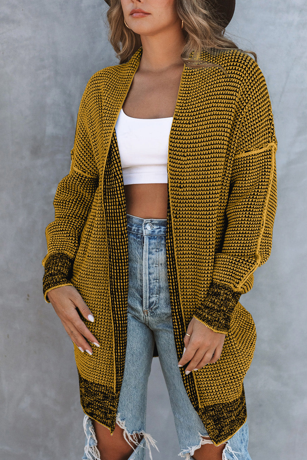 Plaid Knitted Long Open Front Cardigan