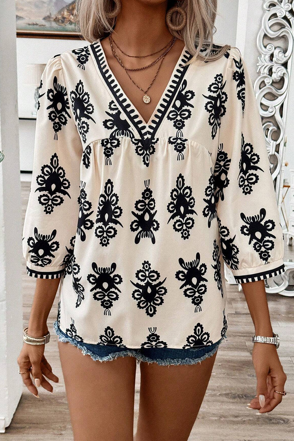 Vintage Geometric 3/4 Sleeve Blouse