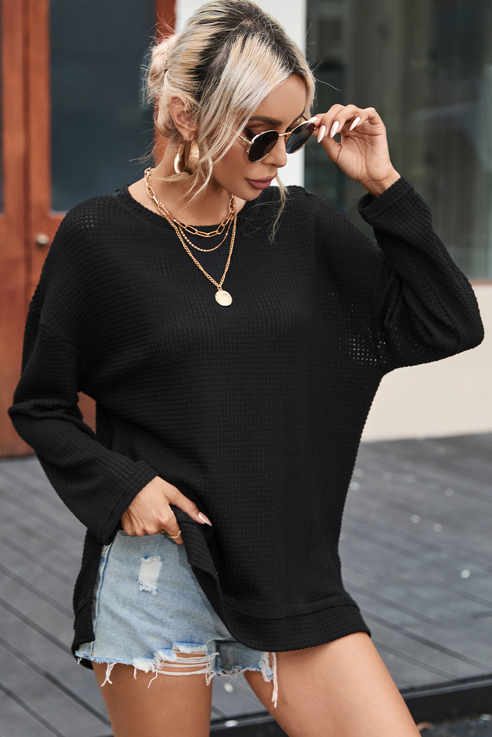 Black Waffle Knit High Slits Oversized Top