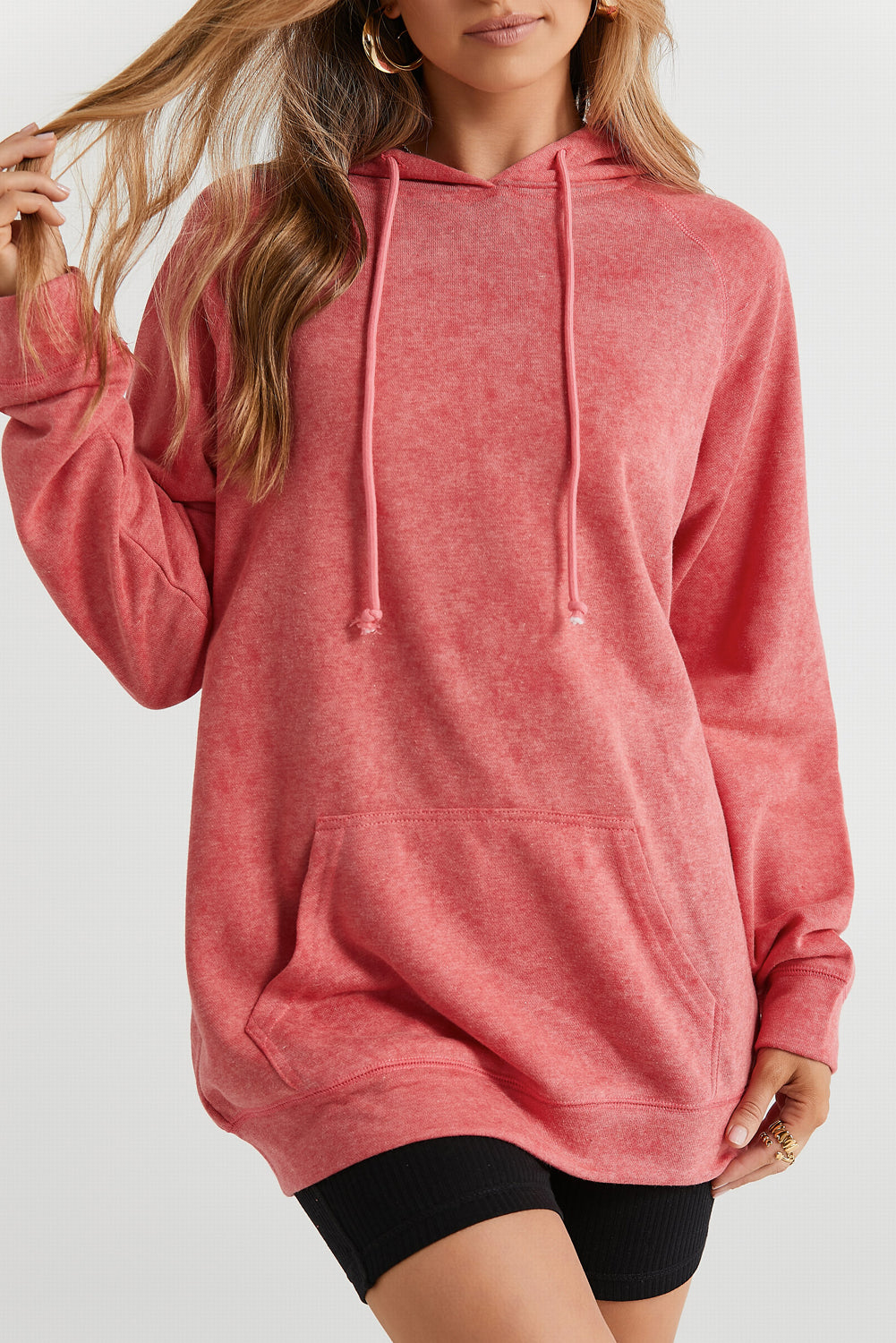 Gray Mineral Wash Kangaroo Pocket Drawstring Pullover Hoodie