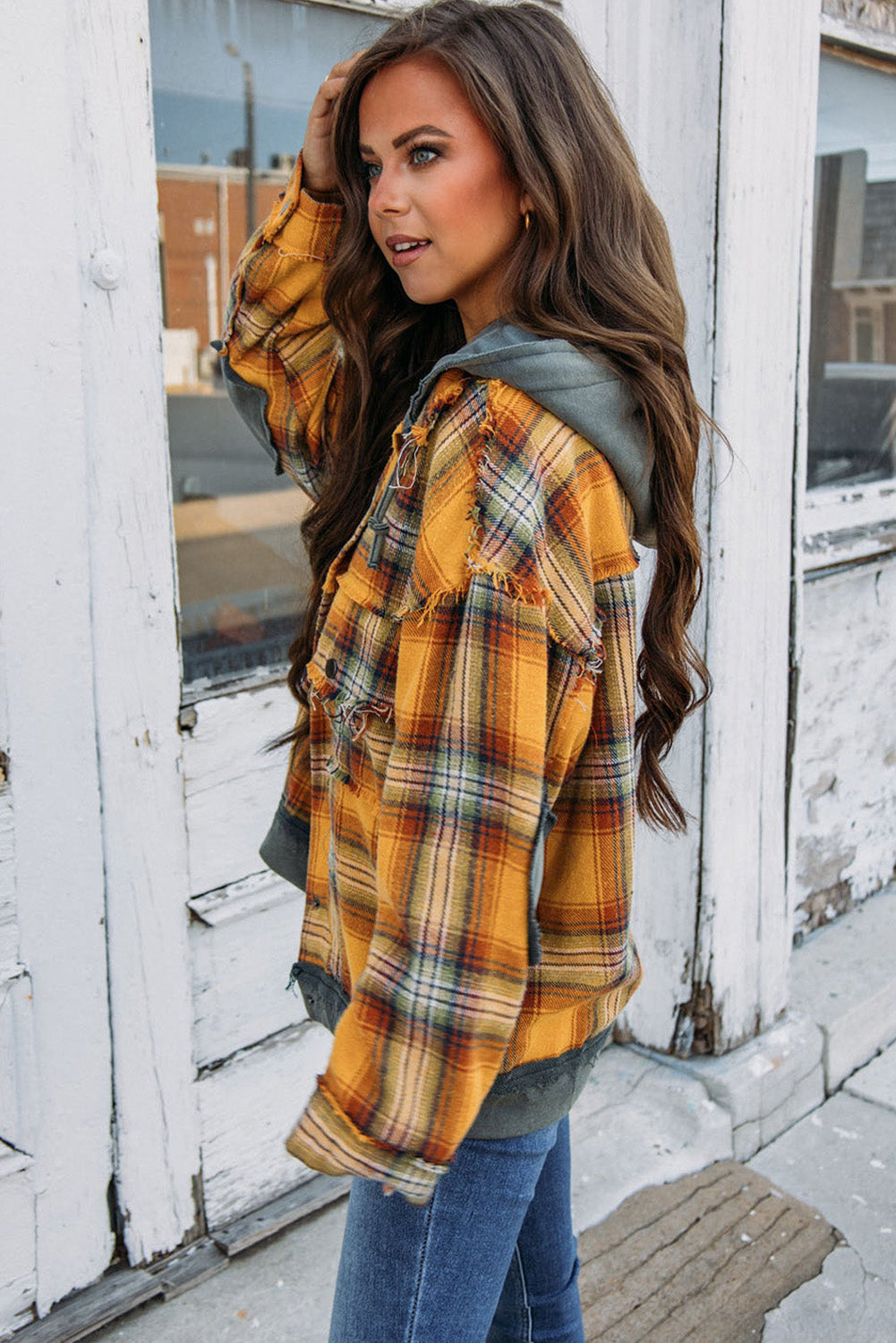 Plaid Patch Hooded Frayed Snap Button Jacket