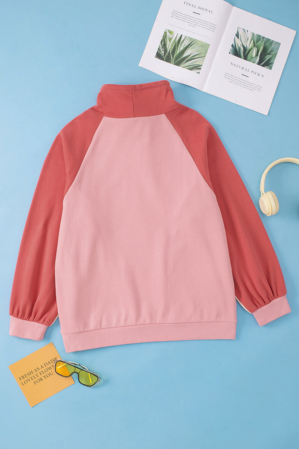 Pink Drawstring Pullover Pocketed Colorblock Sweatshirt