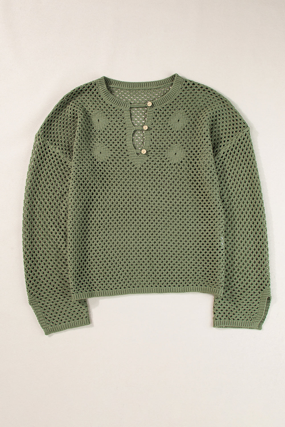 Vineyard Green Open Knit Buttoned Neck Split Sleeve Sweater