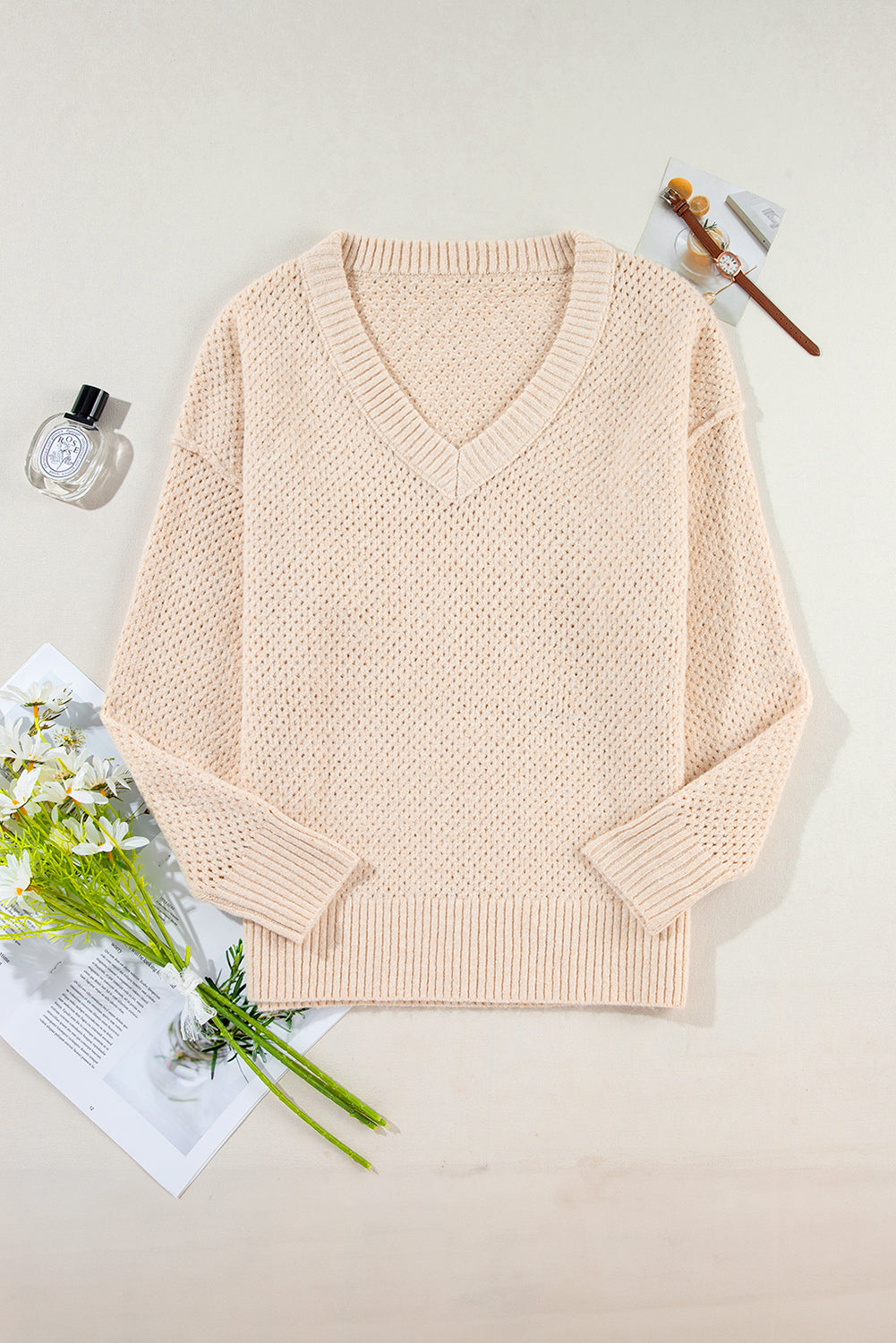 Light Grey Loose Eyelet V Neck Drop Shoulder Sweater