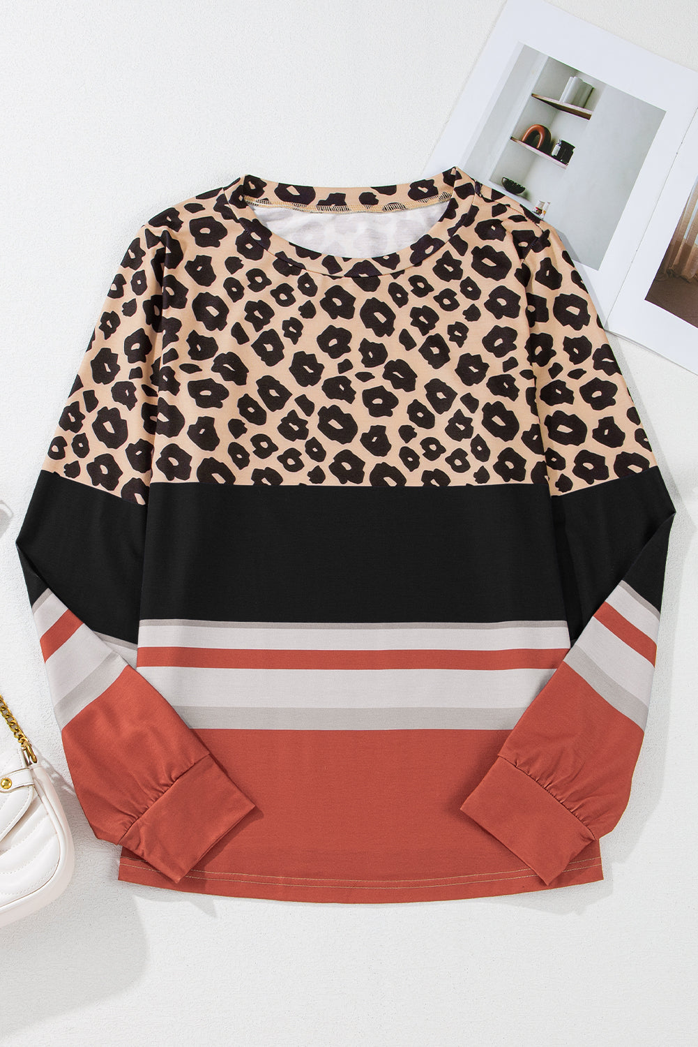 Brown Leopard Color Block Crewneck Long Sleeve Top