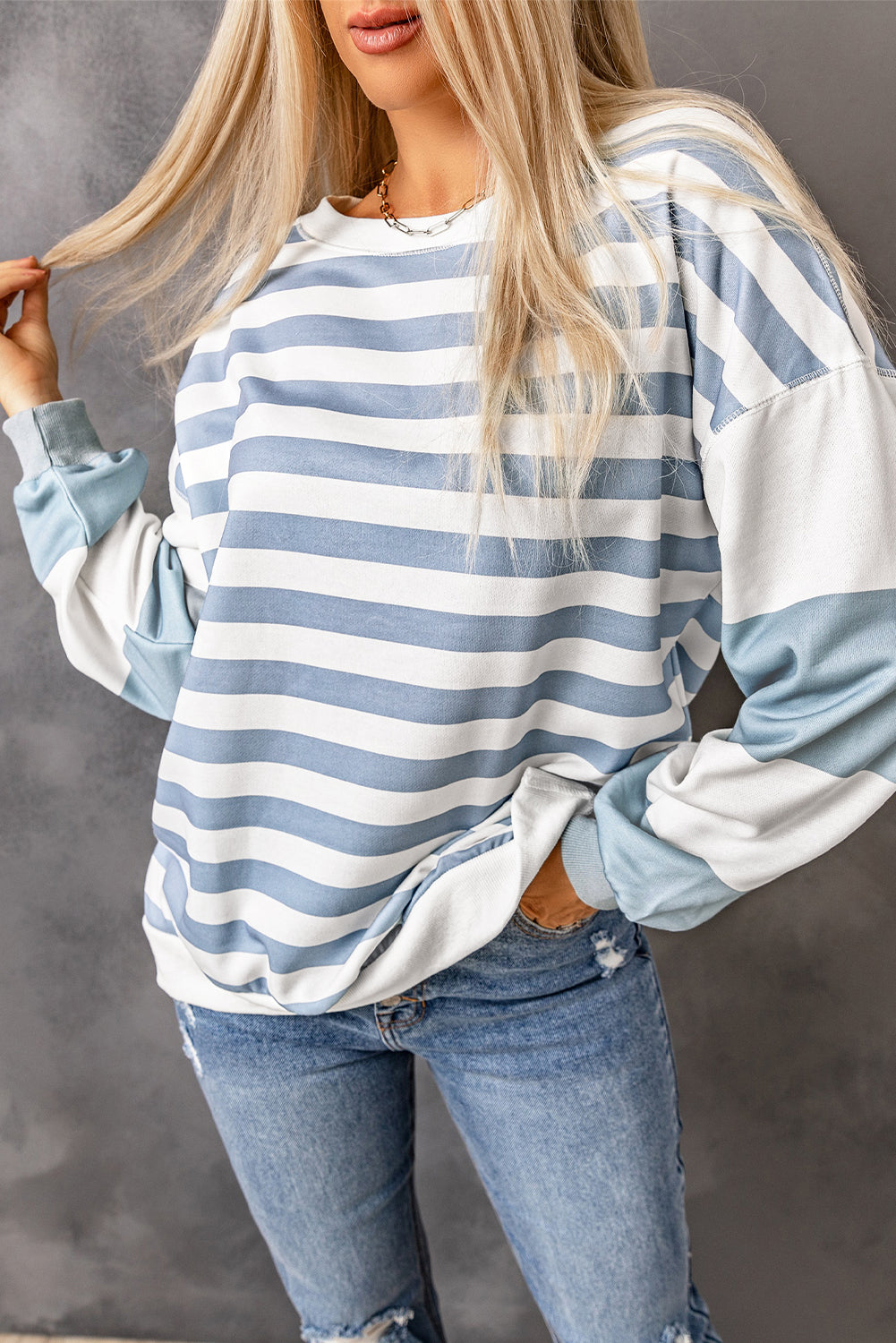 Black Stripe Drop Shoulder Striped Pullover Sweatshirt