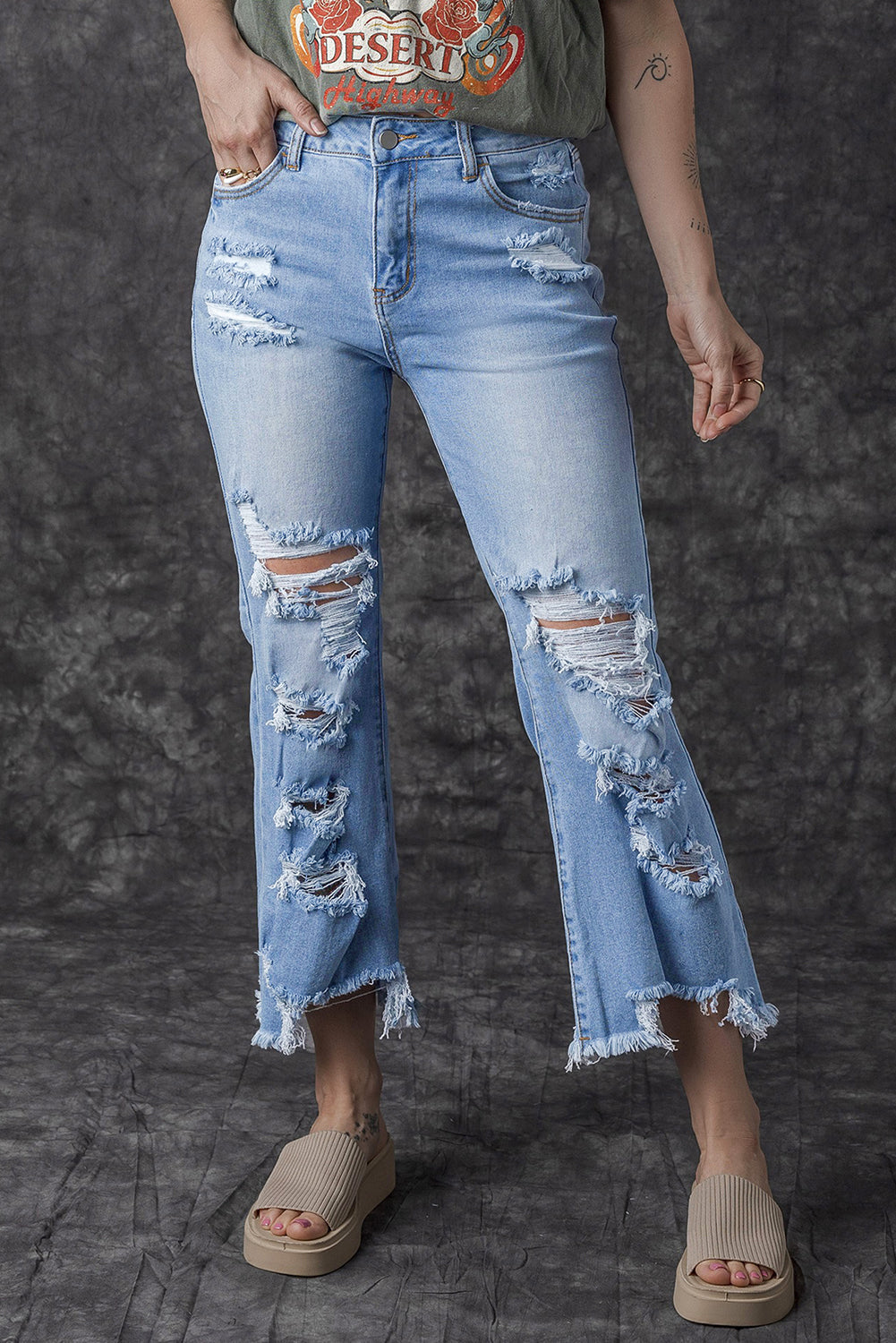 Sky Blue Heavy Destroyed High Waist Jeans