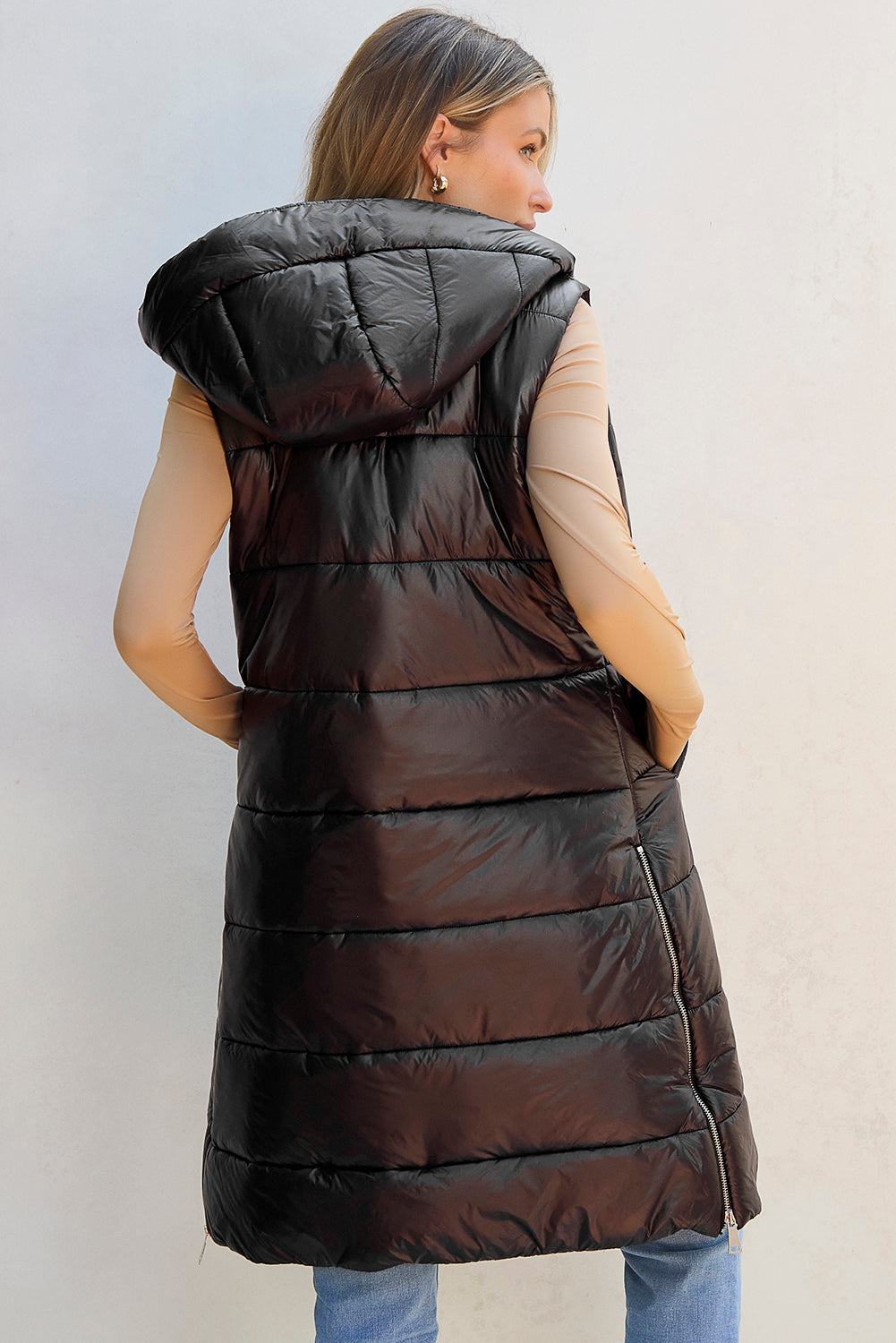 Green Hooded Long Quilted Vest Coat