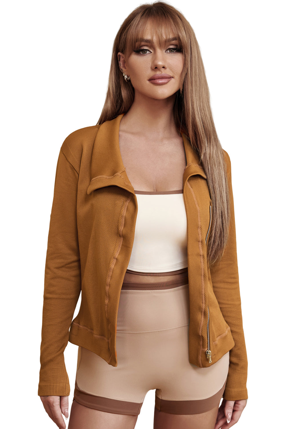 Brown Collared Asymmetric Ribbed Detail Motor Jacket