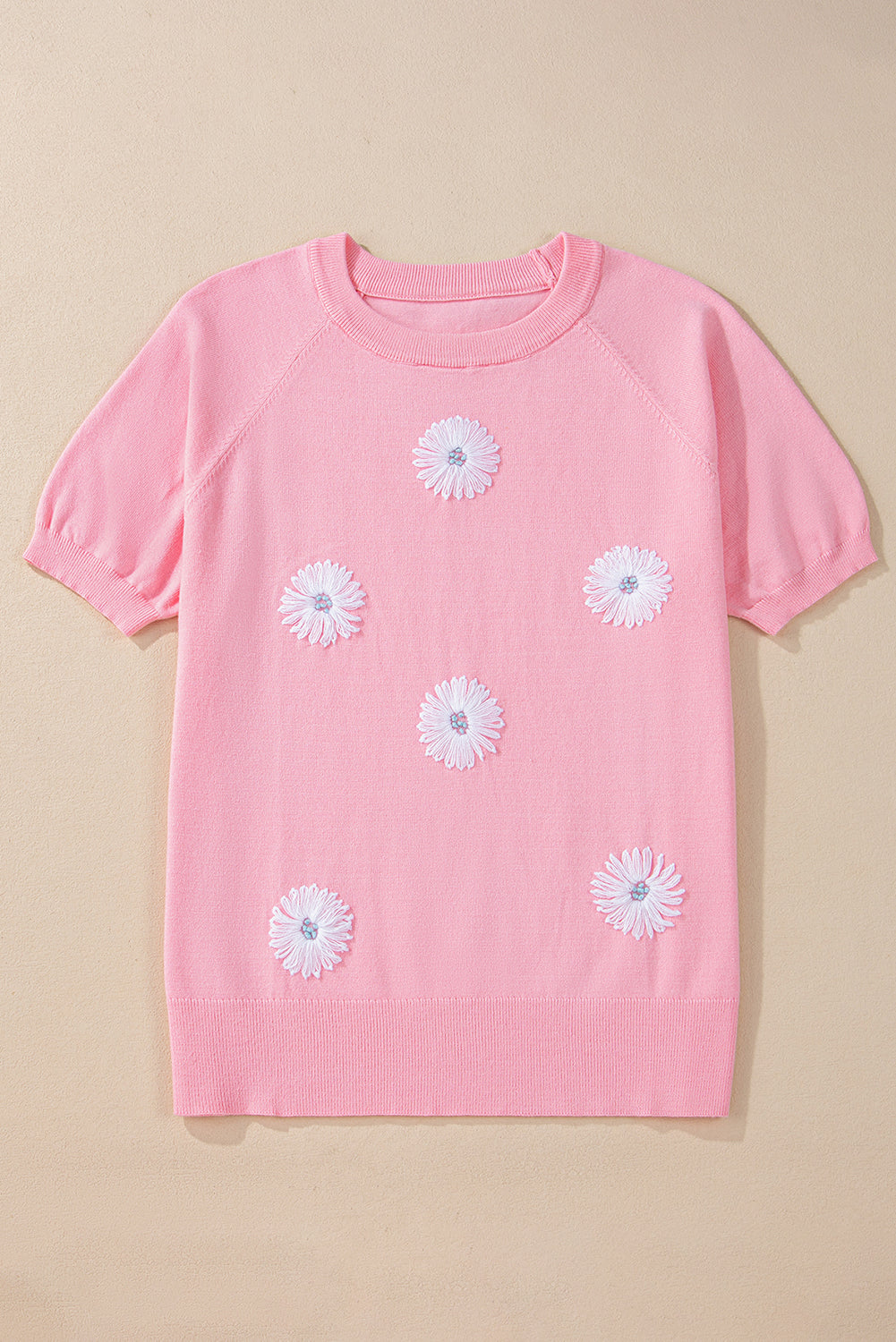 Pink Flower Pattern Short Sleeve Knitted Top