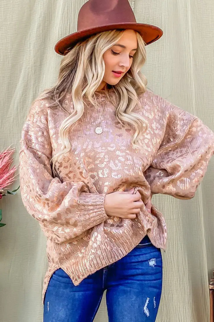 Glitter Leopard Print Puff Sleeve Sweater