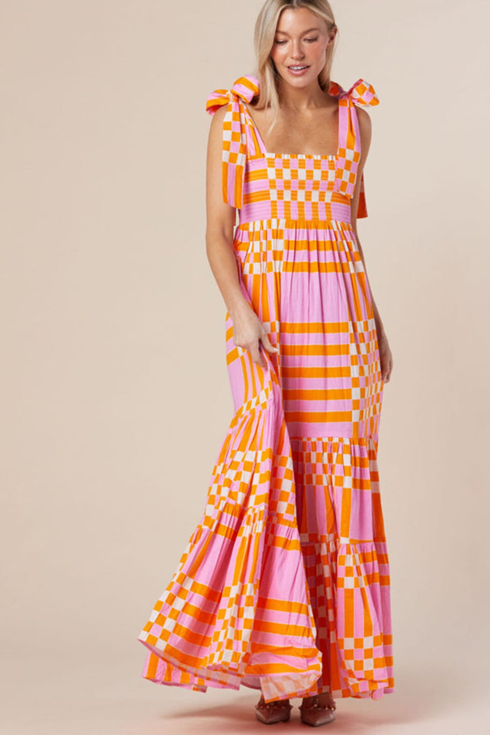 Boho Gingham Tied Straps Smocked Maxi Dress