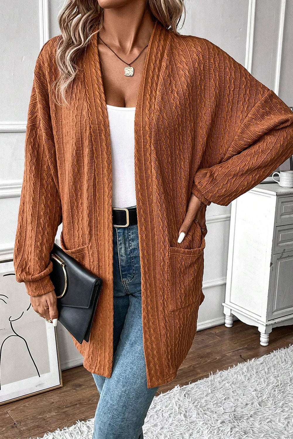 Black Textured Knit Side Pockets Open Front Cardigan