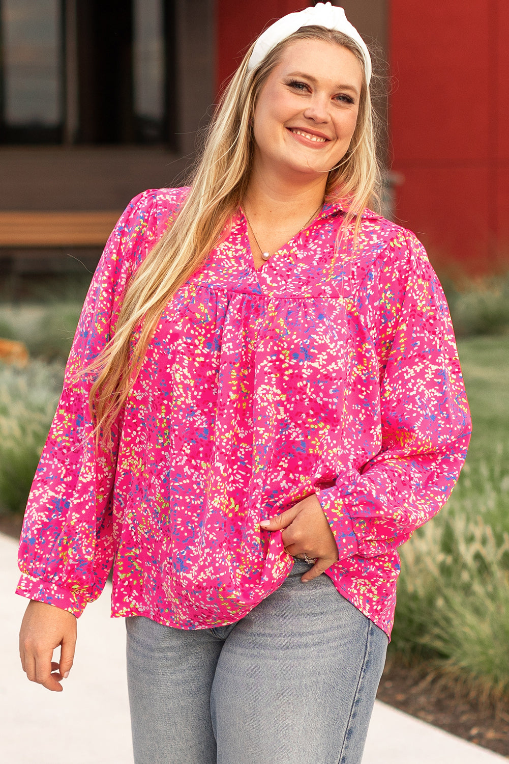 Purple Plus Size Floral Print Puff Sleeve V Neck Blouse