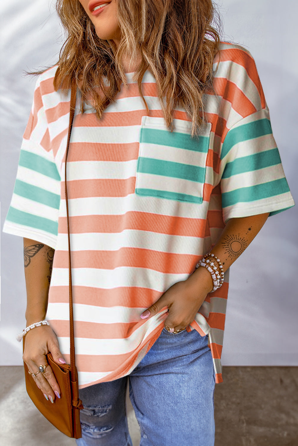 Stripe Contrast Patch Pocket T Shirt