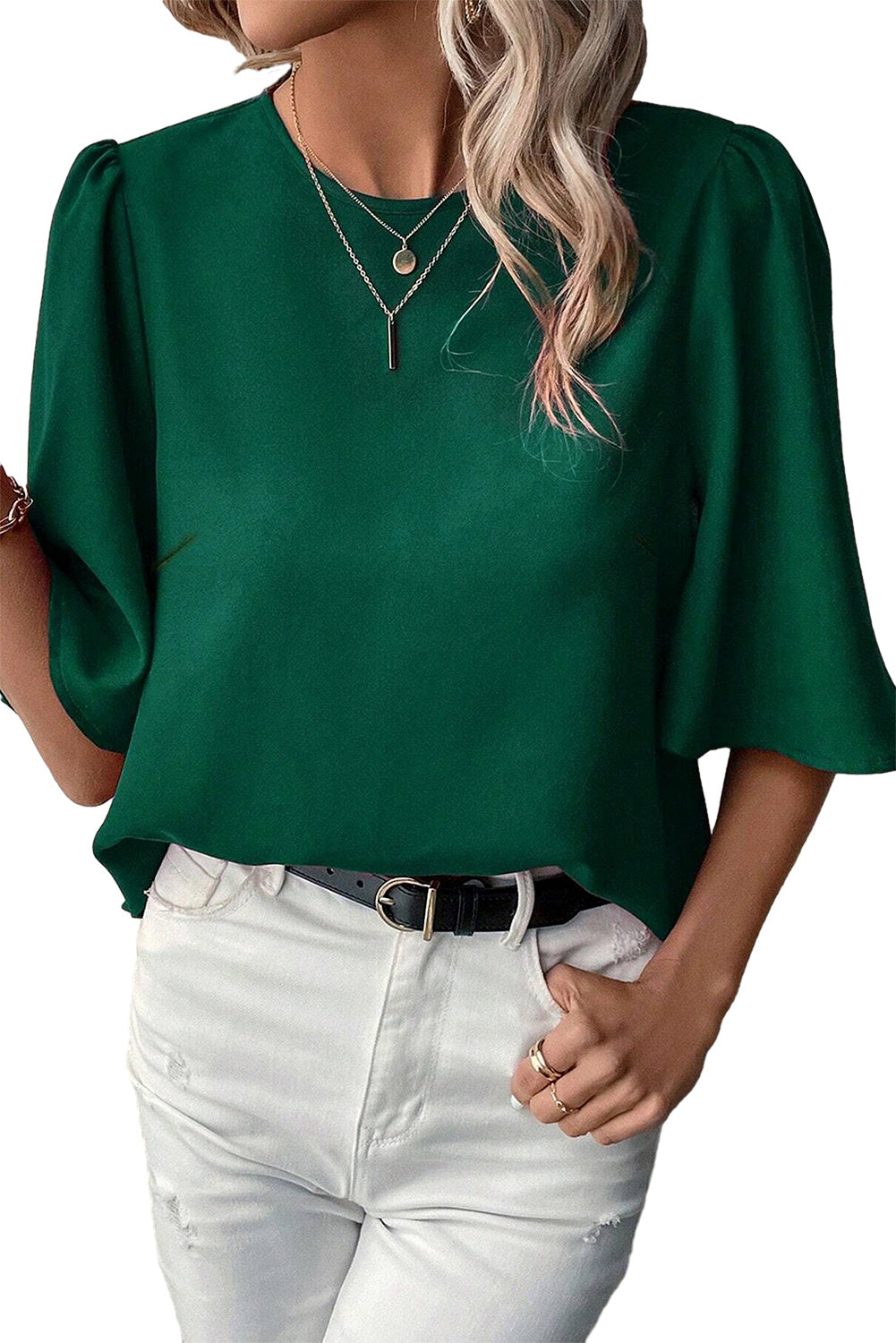 Blackish Green Solid Color Satin Keyhole Back Wide Sleeve Blouse