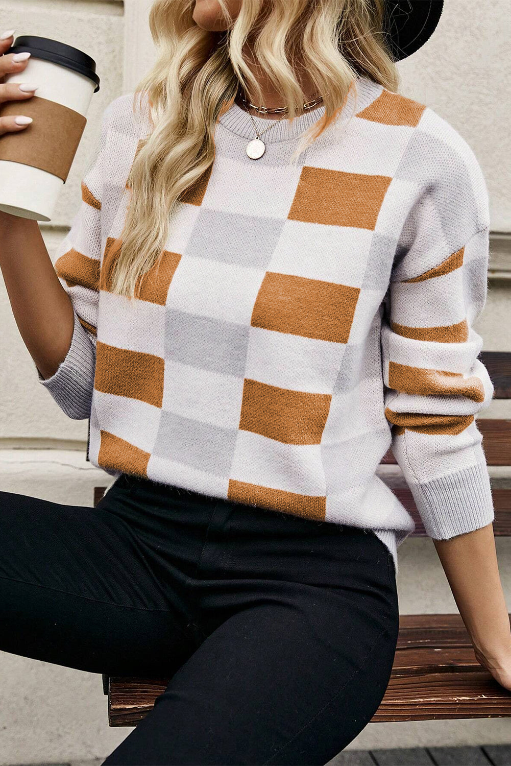 Orange Checkered Ribbed Edge O Neck Drop Shoulder Sweater