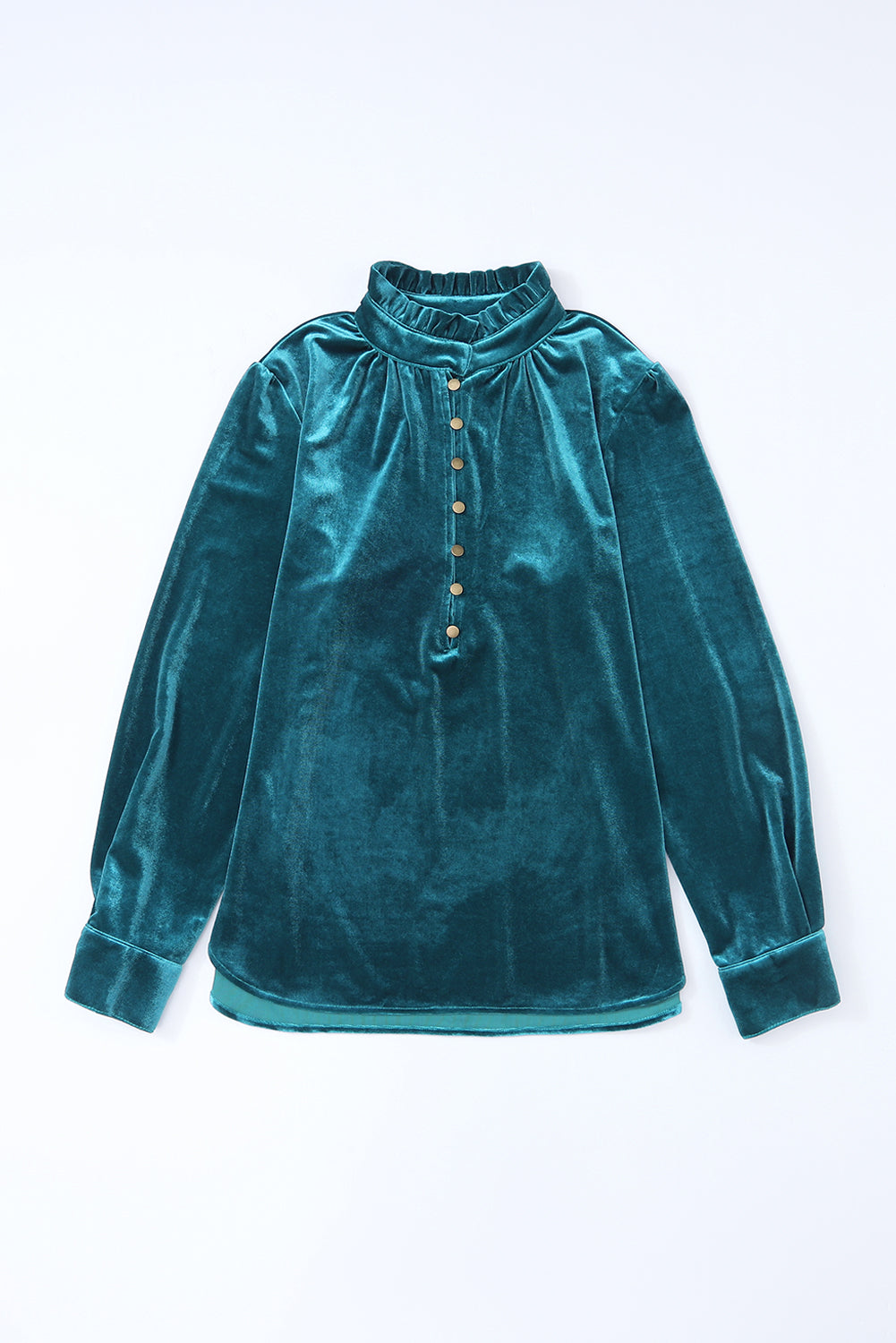 Green Frilled Neck Buttoned Front Velvet Top