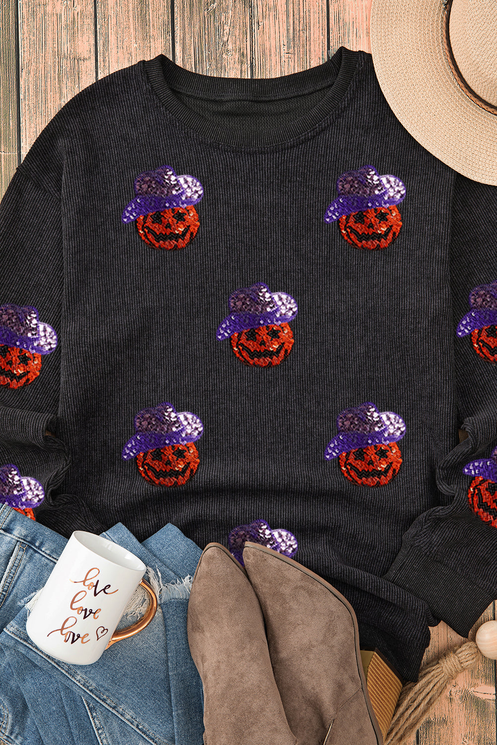 Black Sequined Halloween Pumpkin Ribbed Oversized Sweatshirt