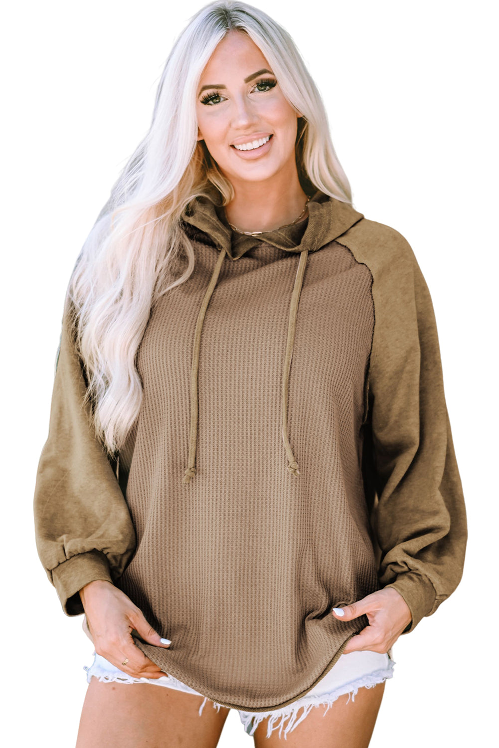 Khaki Waffled Expose Seam Drawstring Hoodie