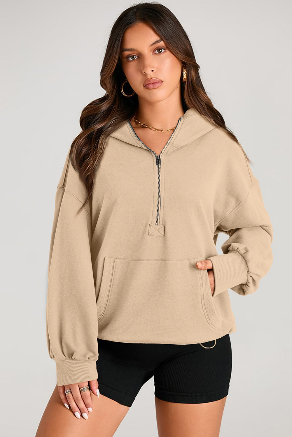 Smoke Green Solid Kangaroo Pocket Half Zipper Oversized Hoodie