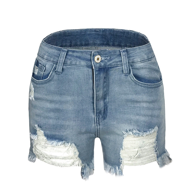 Stretch Destroyed Fringed Denim Shorts