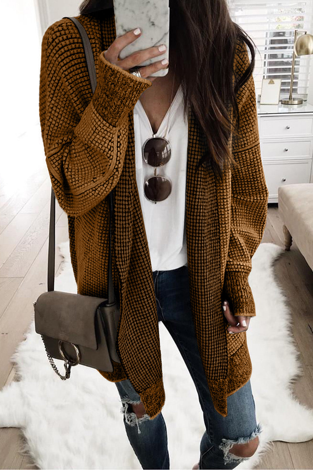 Plaid Knitted Long Open Front Cardigan