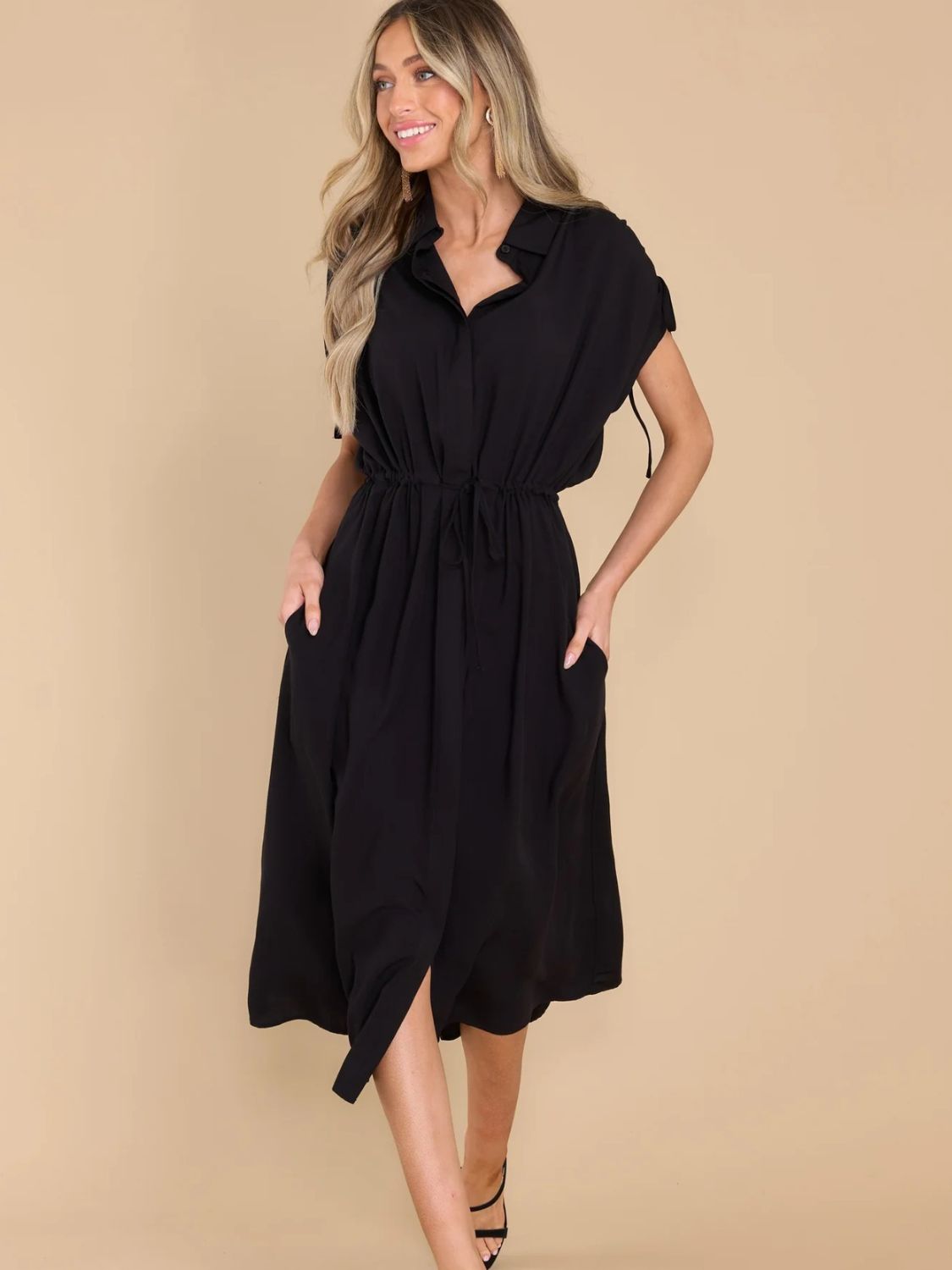 Drawstring Collared Neck Short Sleeve Midi Dress