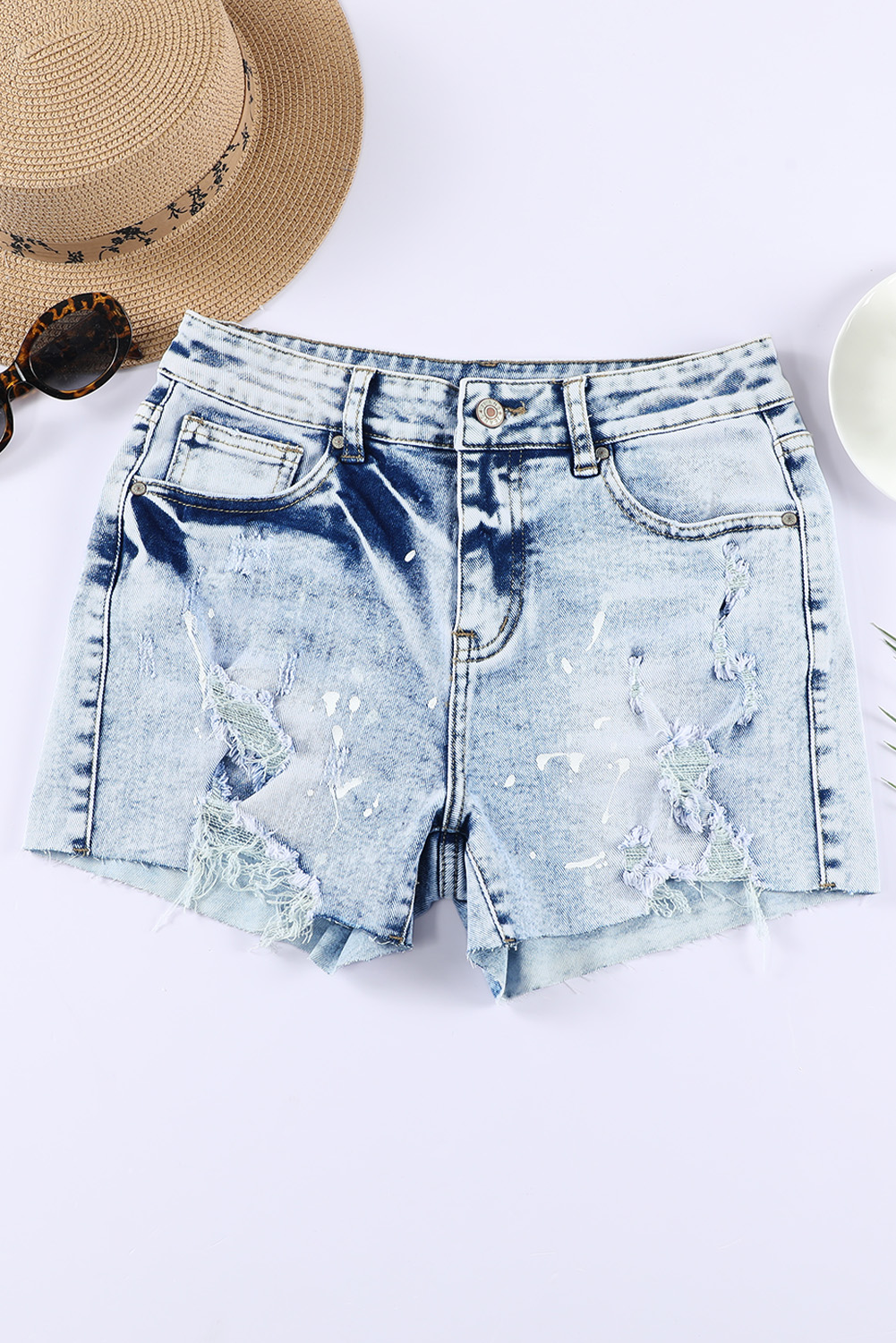 Sky Blue Distressed Denim Shorts