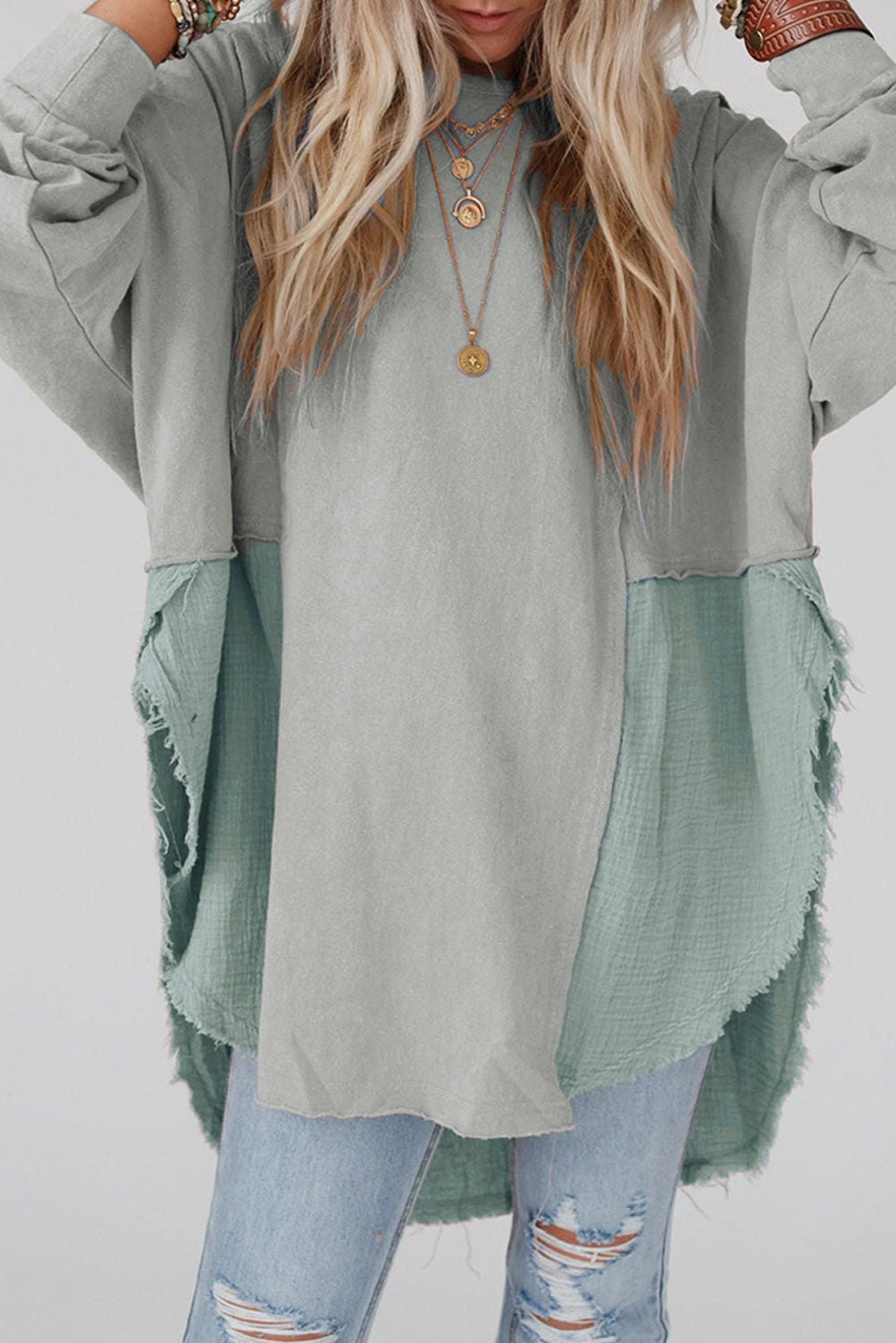 Crinkle Splicing Raw Hem Oversized Tee