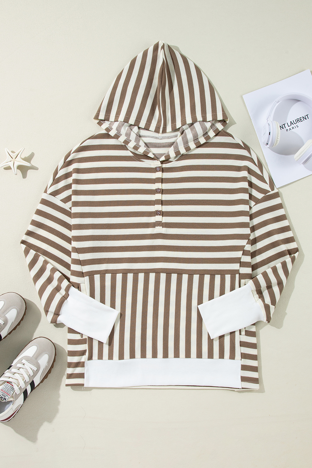 Plus Size Stripe Quarter Buttons Hoodie