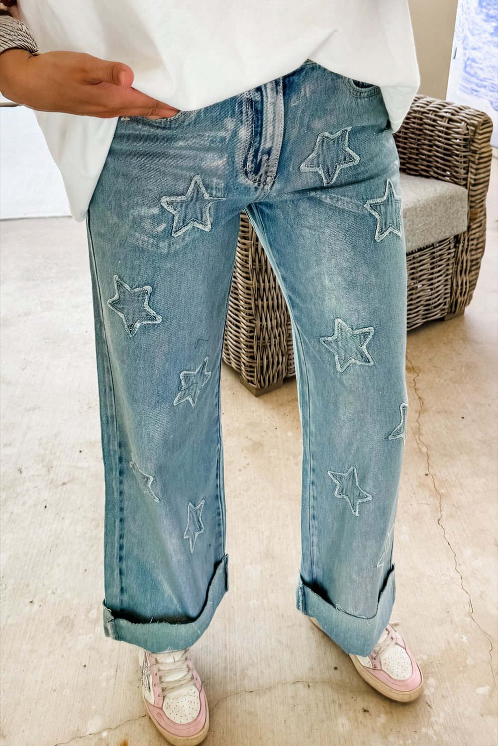 Star Patchwork Straight Leg Jeans