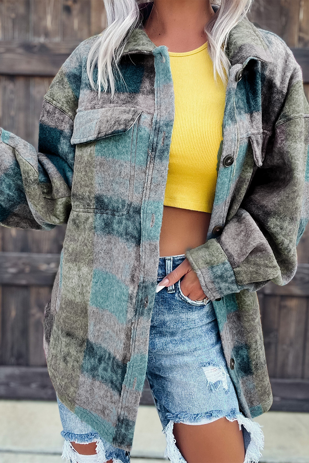 Brushed Plaid Pocketed Oversize Shacket