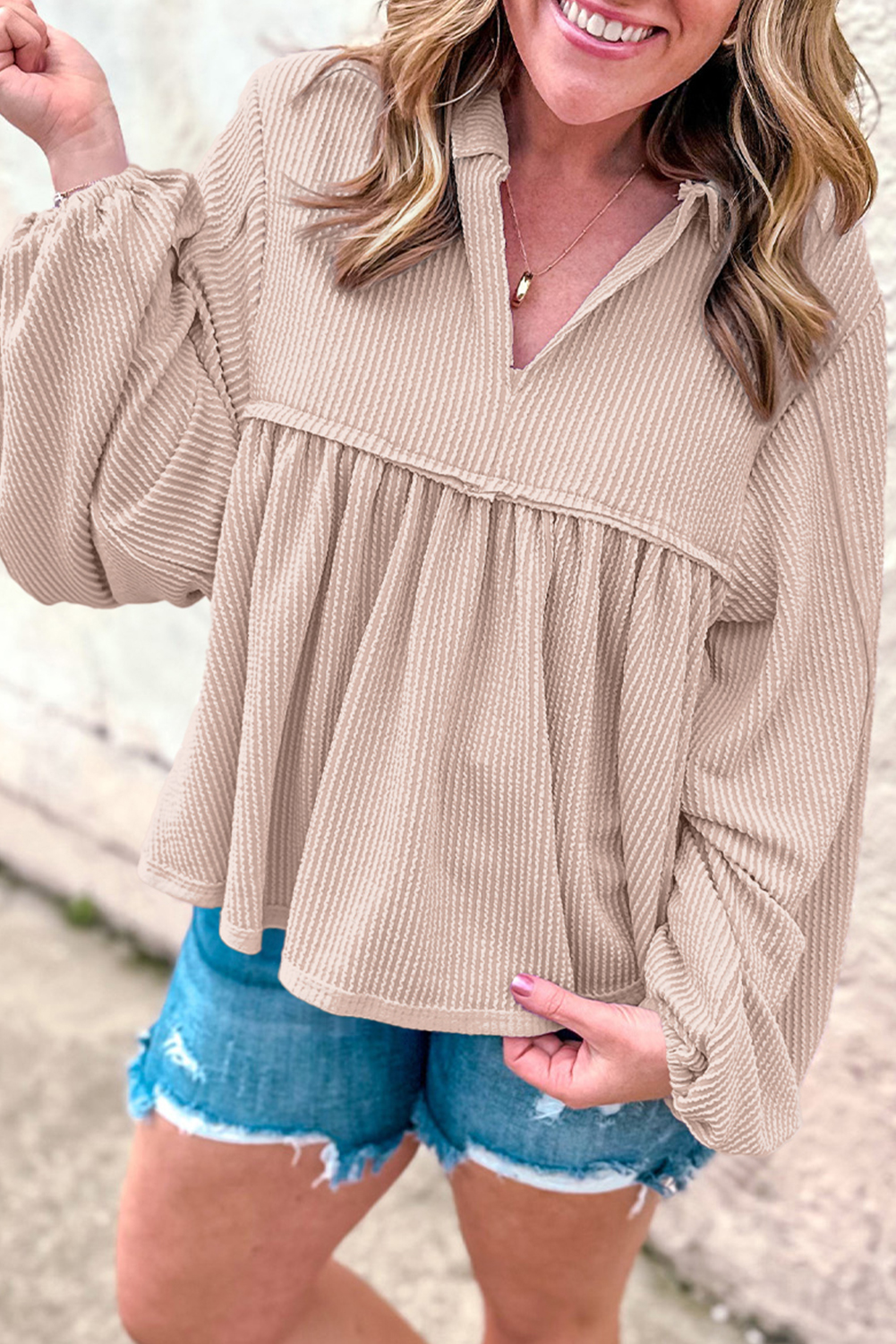 Corded Turn-down Babydoll Blouse