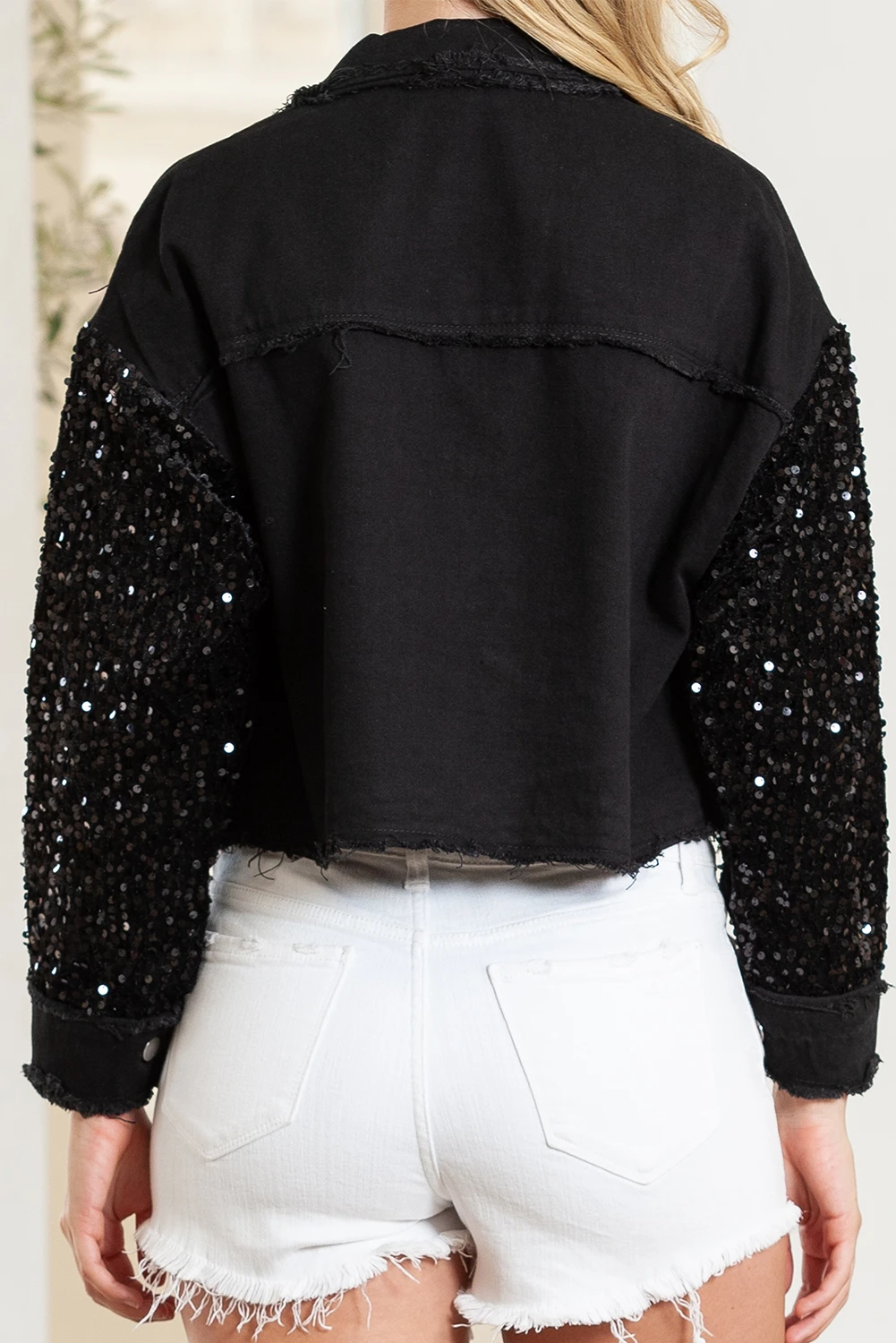 Sequin Sleeve Pocketed Raw Hem Denim Jacket