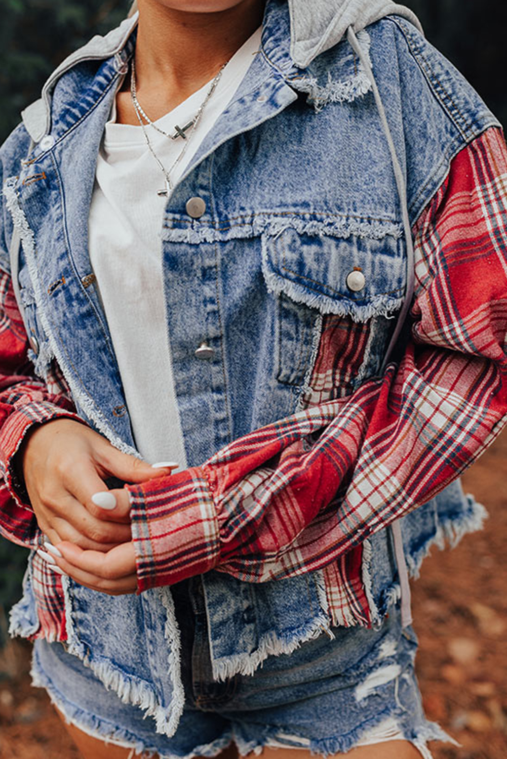 Plaid Patchwork Hooded Denim Jacket