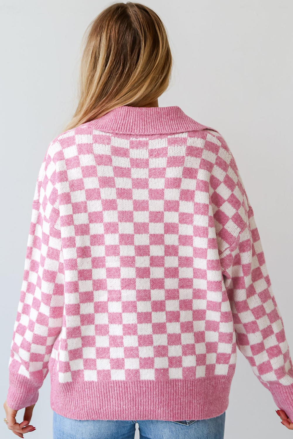 Checkered Buttons Collar Sweater