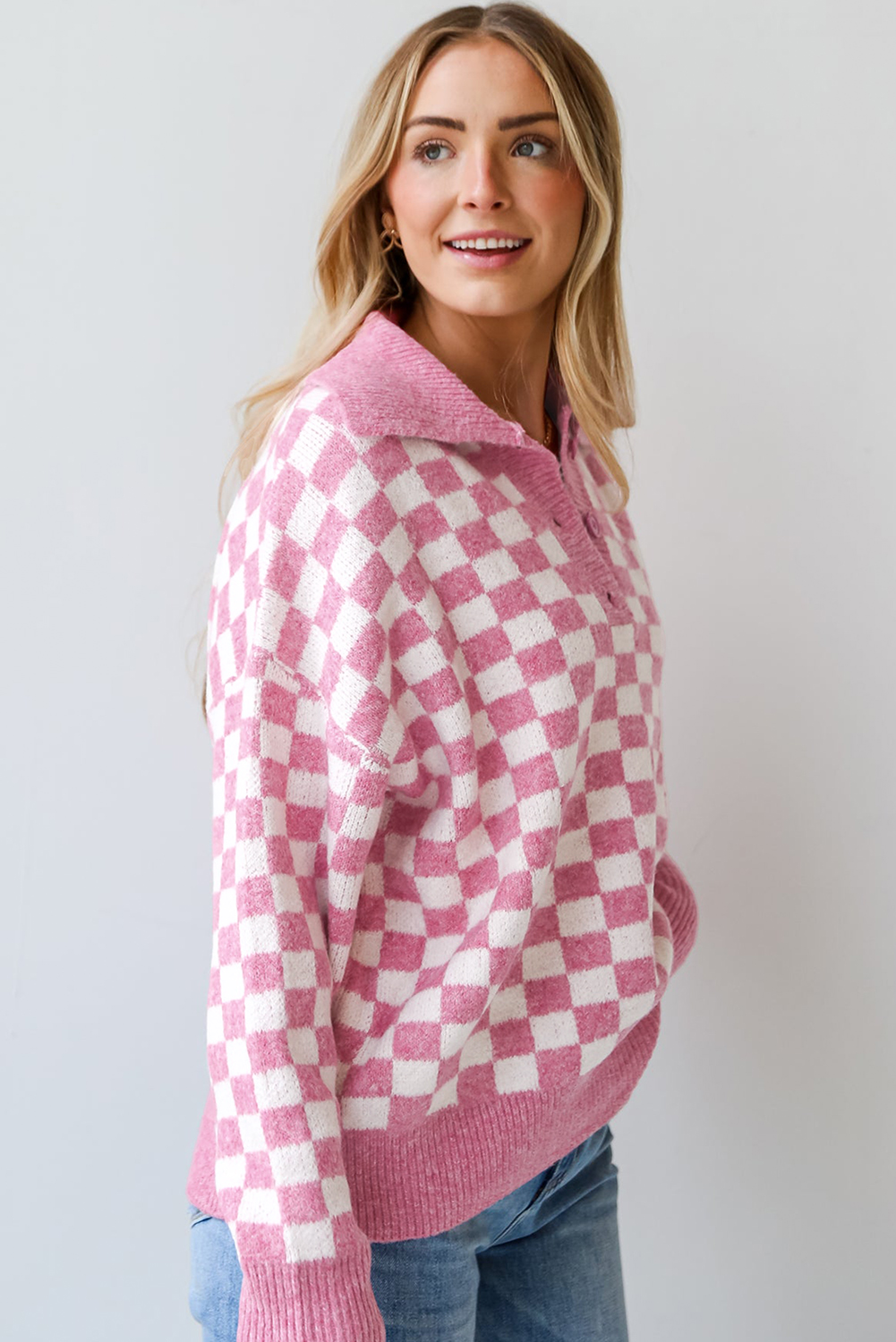 Checkered Buttons Collar Sweater