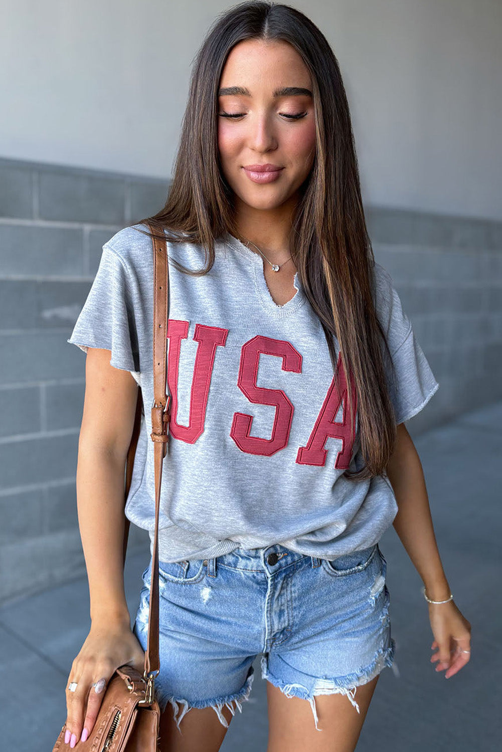 USA Patch Notched Neck Loose Tee