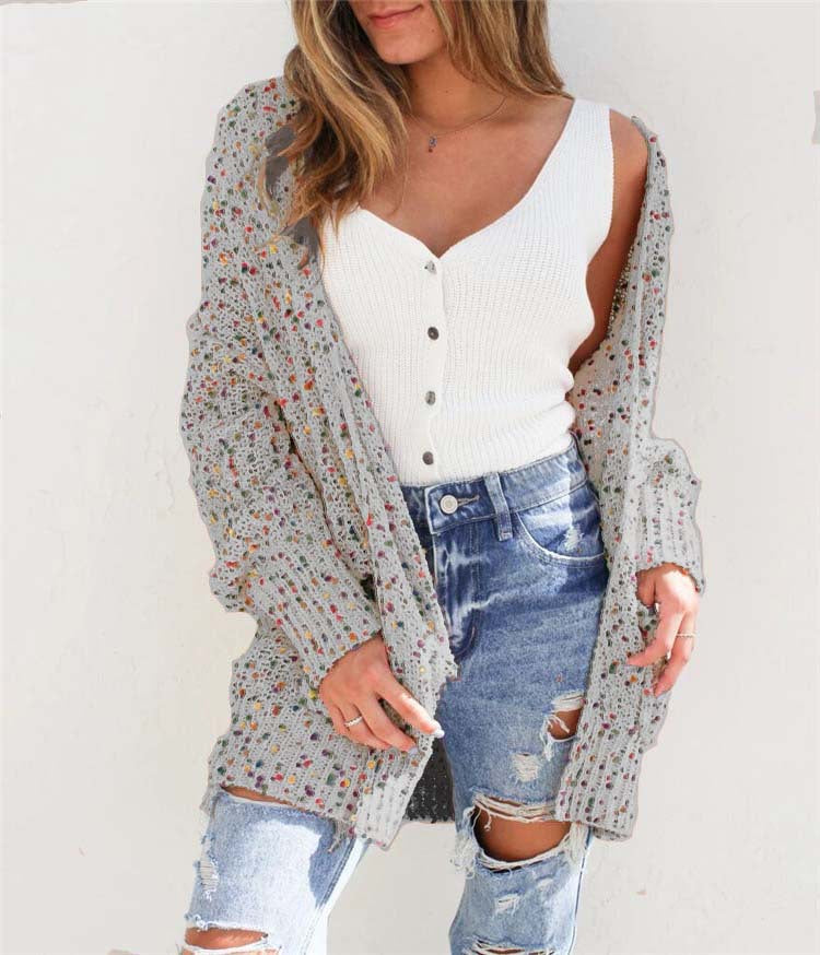 Color Dot Long Sleeve Pocket Sweater Cardigan