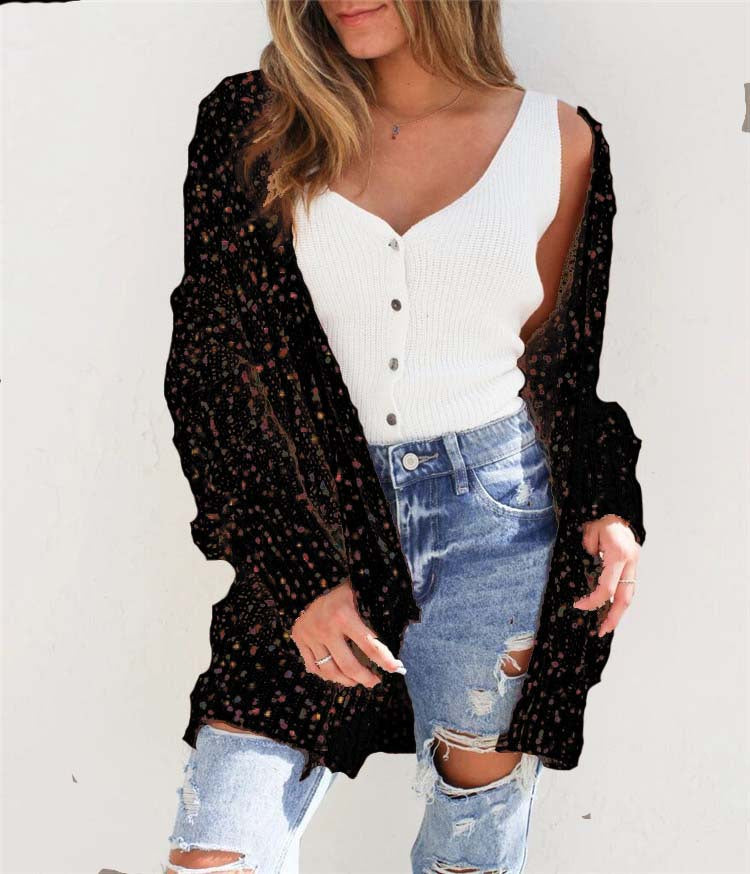 Color Dot Long Sleeve Pocket Sweater Cardigan